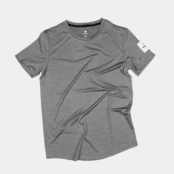 saysky short sleeve running t-shirt for men in grey, stretchy and quick-drying running tee, profile of saysky t-shirt laying flat on a white background