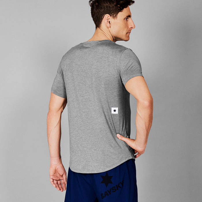 saysky short sleeve running t-shirt for men in grey, stretchy and quick-drying running tee, back profile of man wearing saysky t-shirt