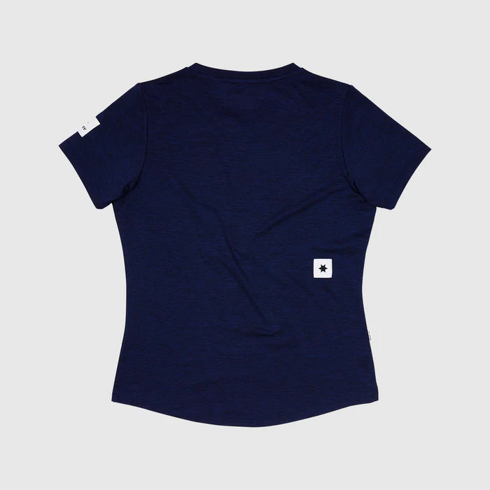 saysky clean pace tshirt for women, quick dry soft running tshirt, navy colour, view of back of tshirt laid flat on a white background.