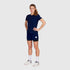 saysky clean pace tshirt for women, quick dry soft running tshirt, navy colour, full-body shot of a woman wearing navy saysky t-shirt and navy shorts