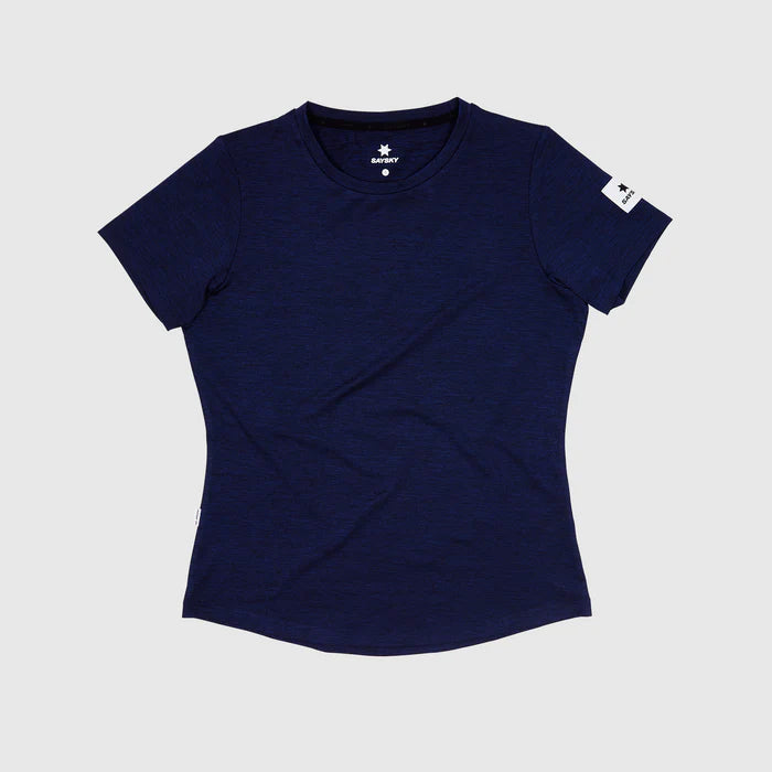 saysky clean pace tshirt for women, quick dry soft running tshirt, navy colour, top laying flat on white background