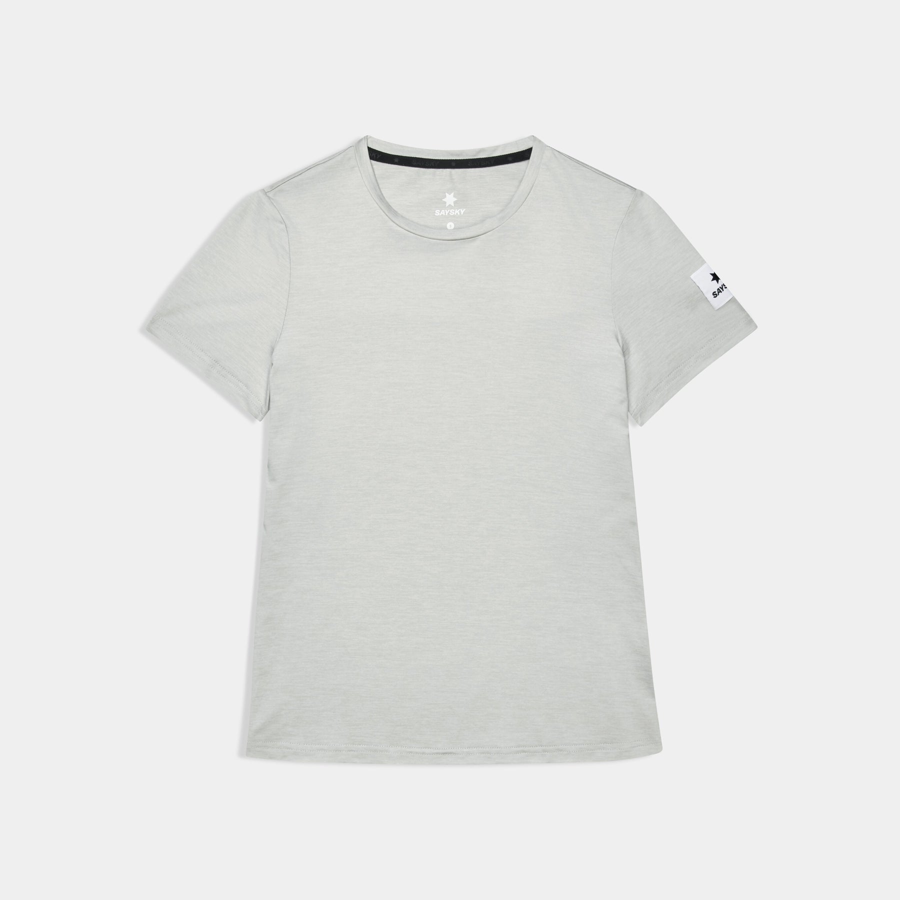 saysky clean pace tshirt for women, quick dry soft running tshirt, light grey colour, top laying flat on white background