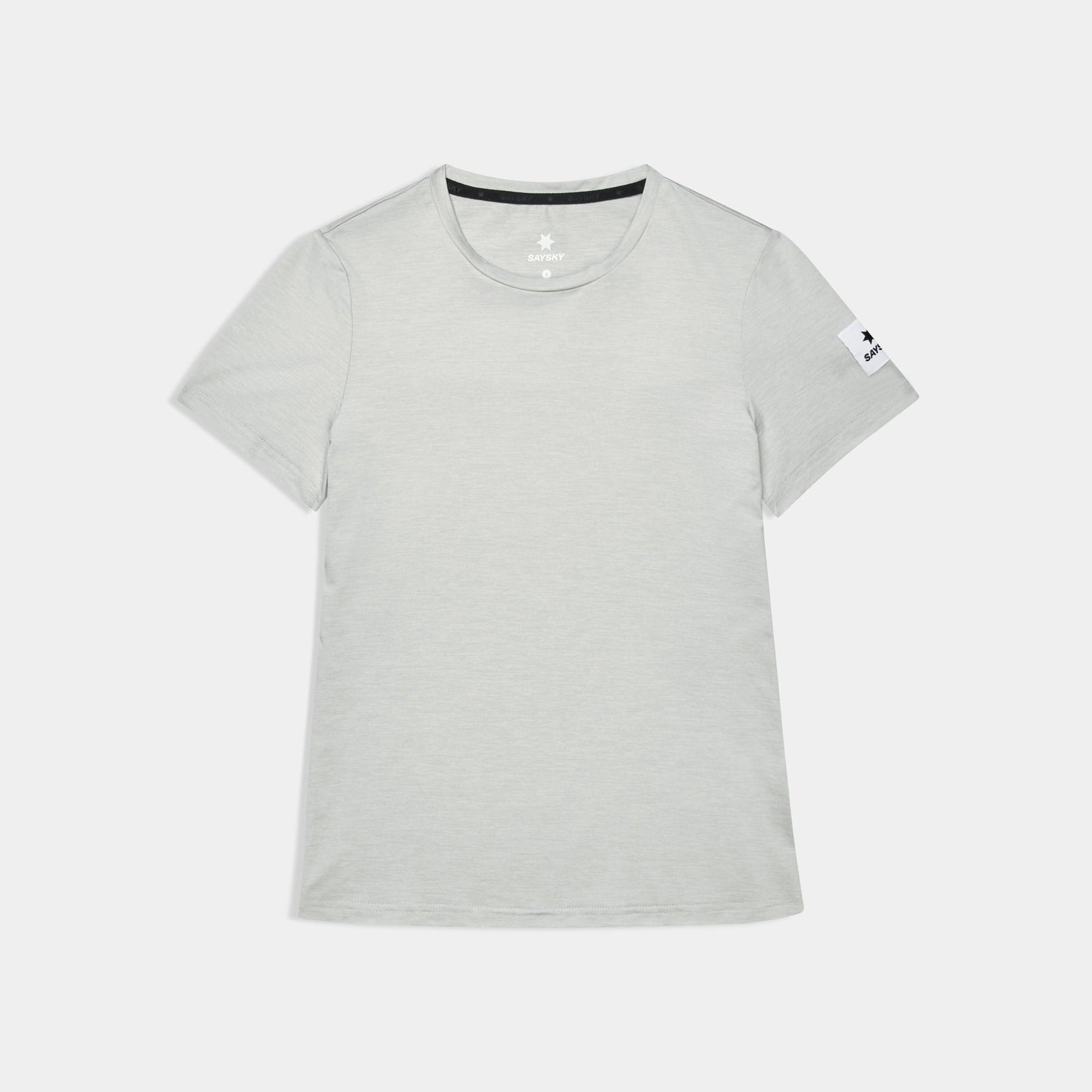 saysky clean pace tshirt for women, quick dry soft running tshirt, light grey colour, top laying flat on white background