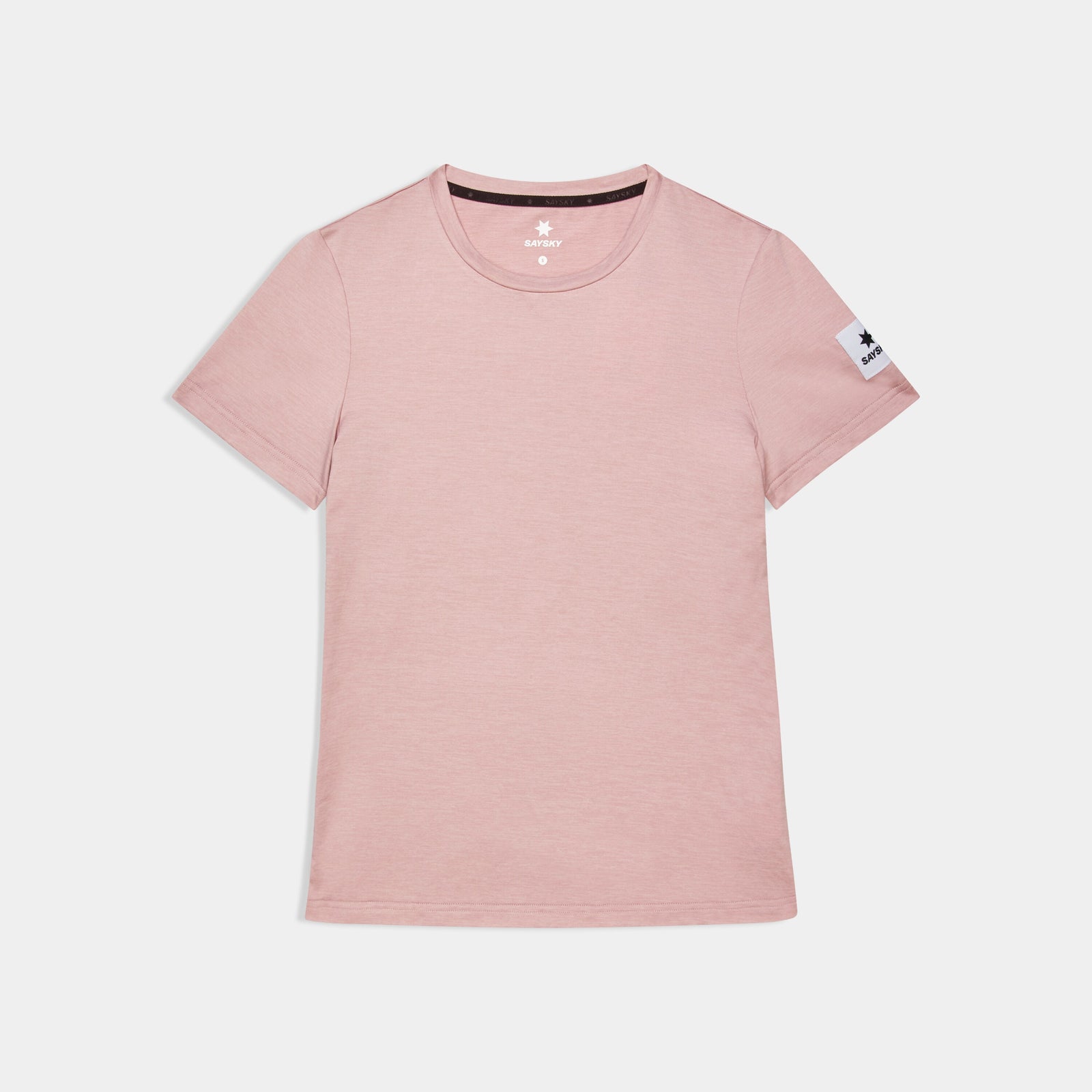 saysky clean pace tshirt for women, quick dry soft running tshirt, light pink colour, top laying flat on white background
