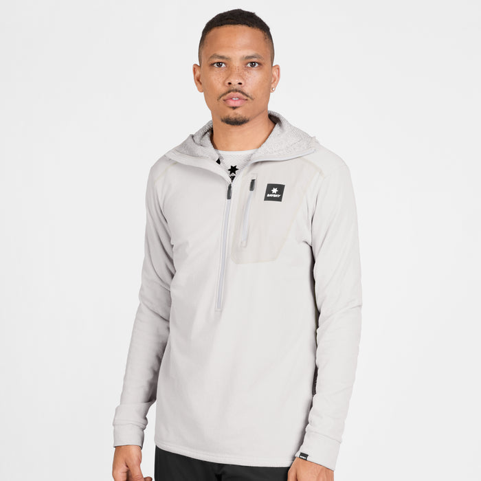 SAYSKY mens combat half zip fleece hoodie, warm and lightweight longsleeve fleece for running, grey colour with black SAYSKY logo, man wearing fleece hoodie on a white background