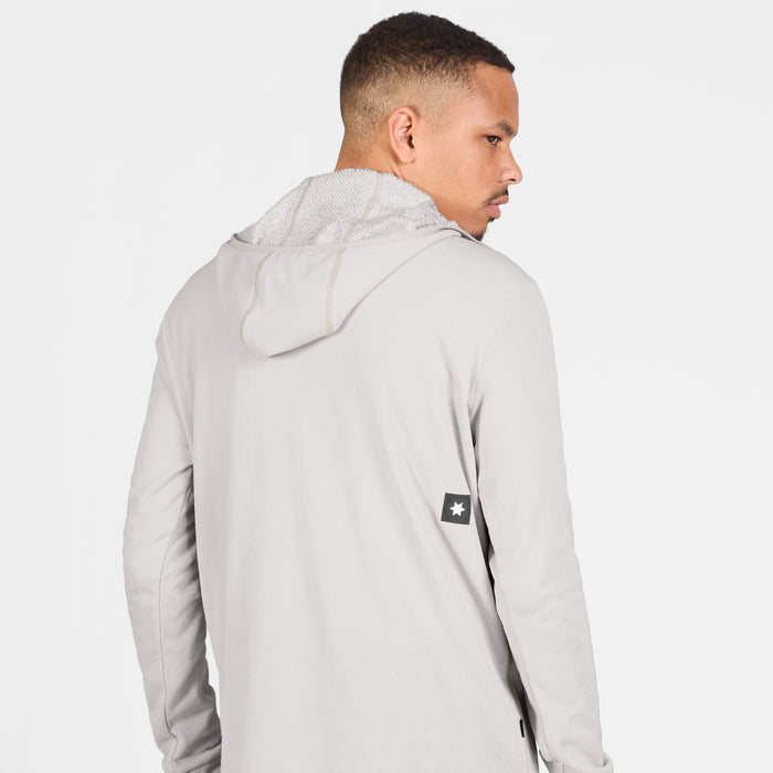 SAYSKY mens combat half zip fleece hoodie, warm and lightweight longsleeve fleece for running, grey colour with black SAYSKY logo, back view of man wearing fleece hoodie on a white background