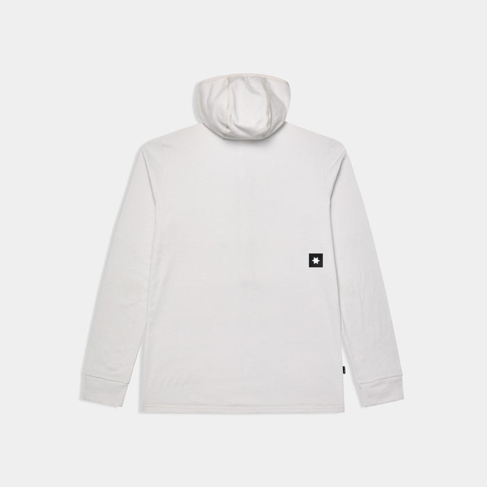 SAYSKY mens combat half zip fleece hoodie, warm and lightweight longsleeve fleece for running, grey colour with black SAYSKY logo, back view of fleece hoodie on a white background