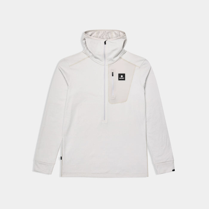 SAYSKY mens combat half zip fleece hoodie, warm and lightweight longsleeve fleece for running, grey colour with black SAYSKY logo, fleece hoodie on a white background