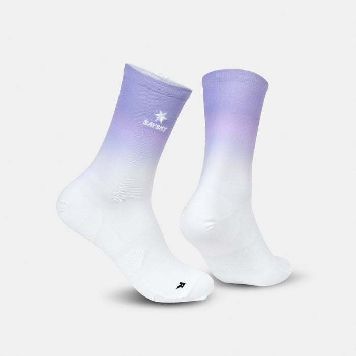 saysky high cuff running socks, purple and white colour with saysky logo, socks shown on a white background