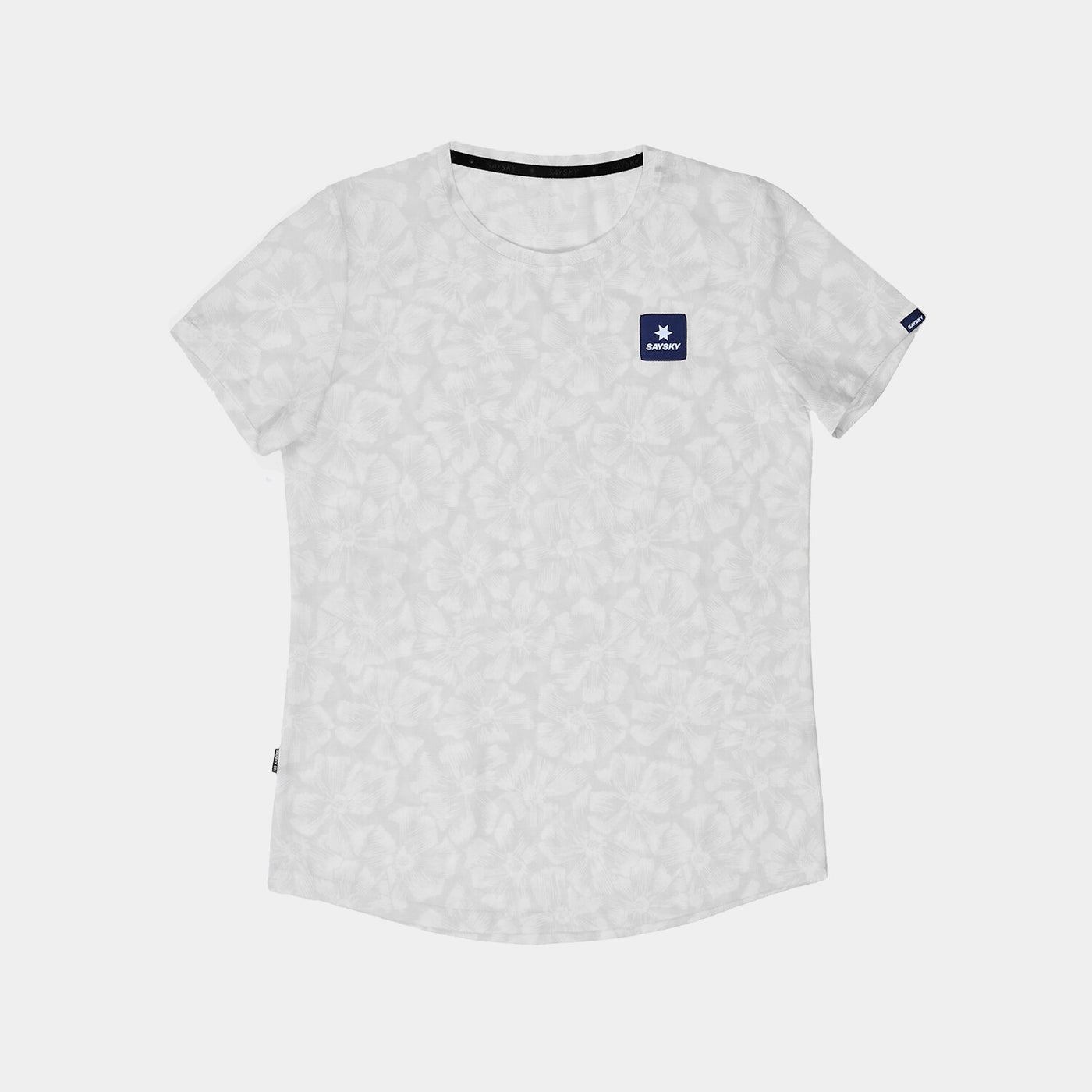 saysky women's run tshirt with flower pattern and logo at front