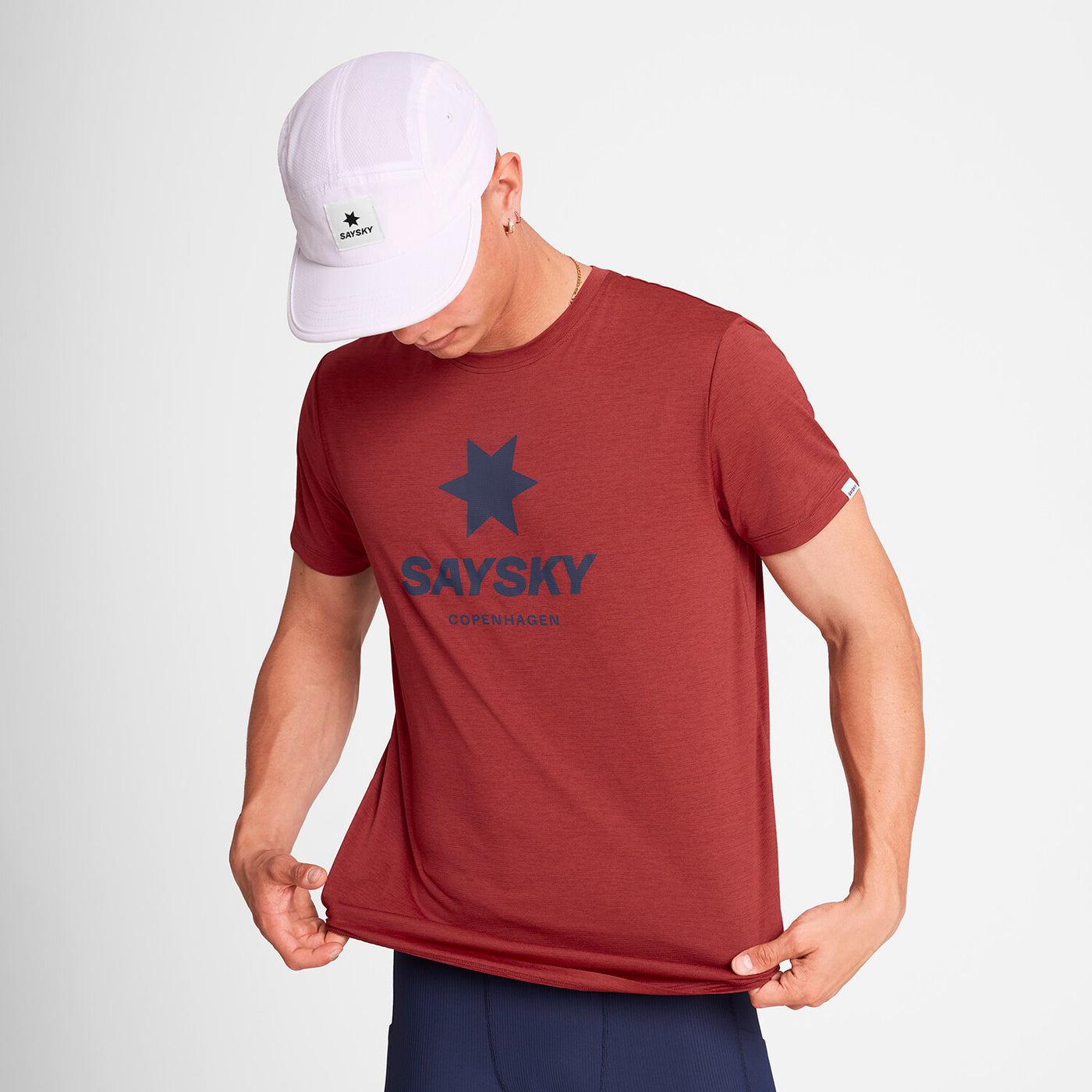 front view of saysky logo combat mens running t-shirt in a red colour