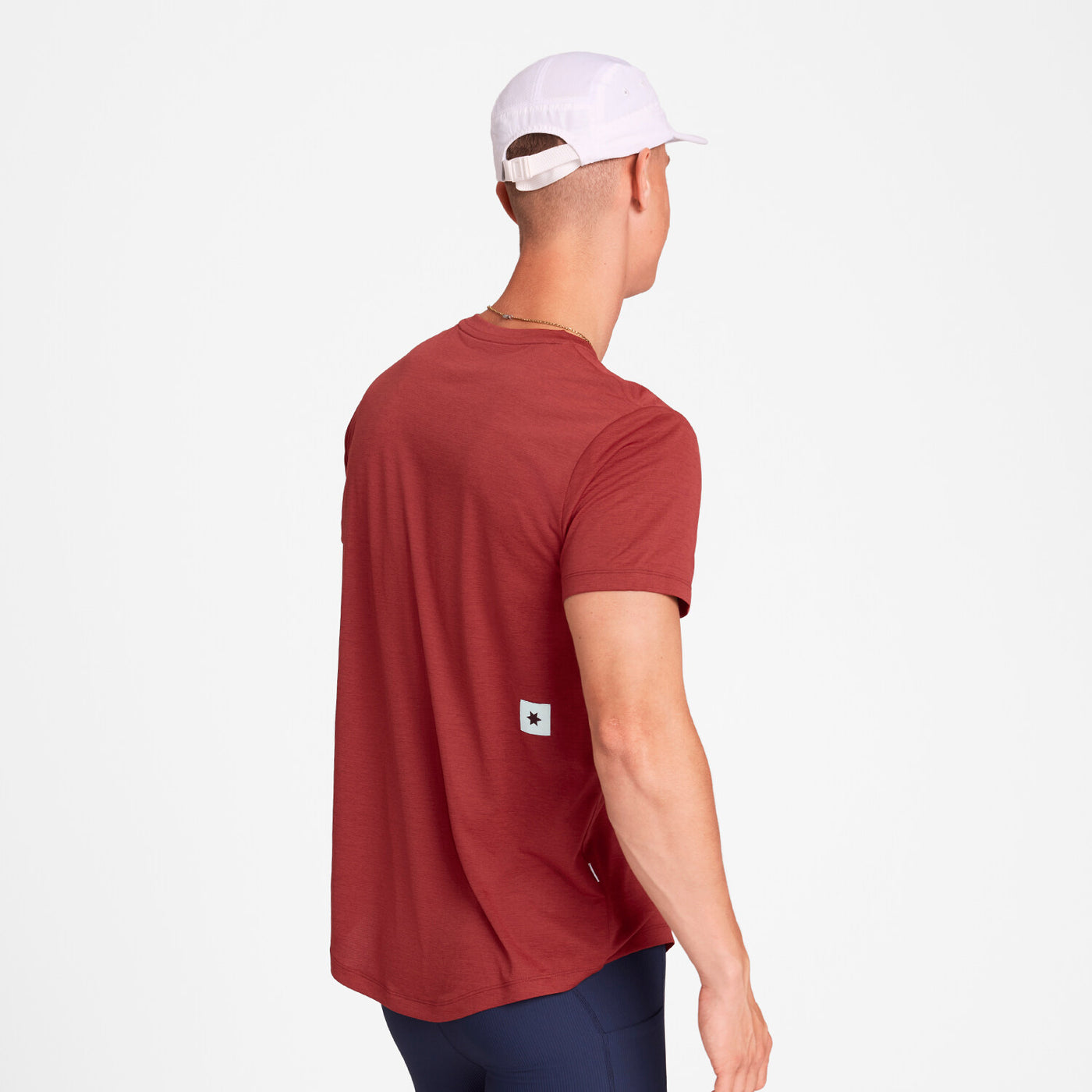 back view of saysky logo combat mens running t-shirt in a red colour