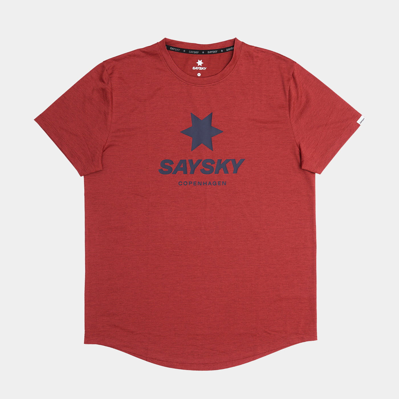 front view of saysky logo combat mens running t-shirt in a red colour