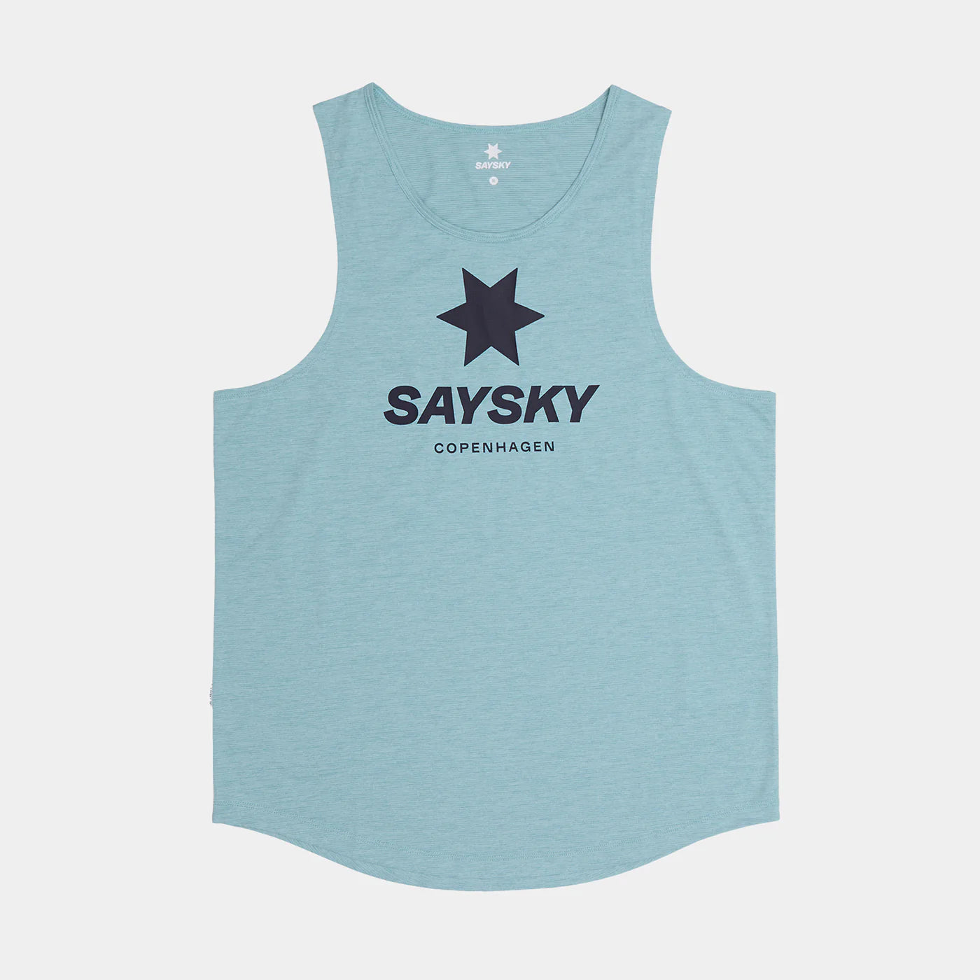 saysky logo combat pro singlet for men, lightweight moisutre wicking tank top, light blue colour with black logo, front of tank