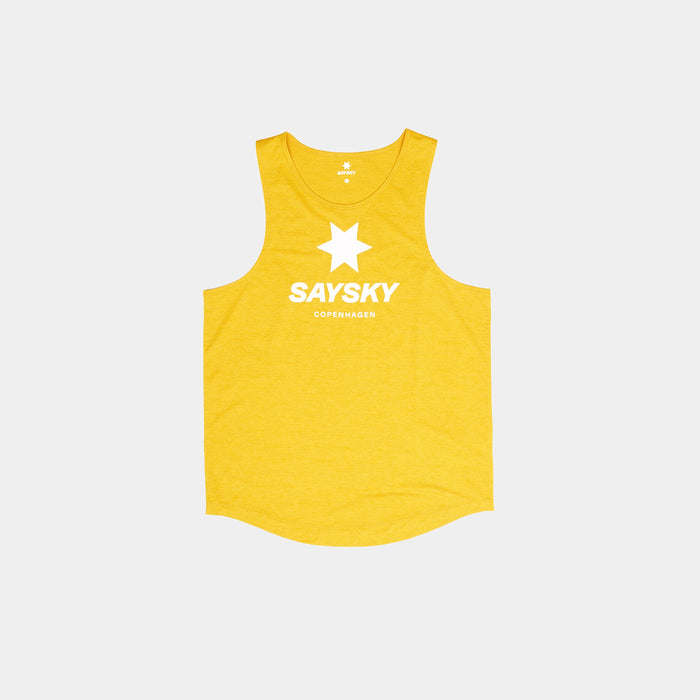 saysky logo combat pro singlet for men, lightweight moisutre wicking tank top, bright yellow colour with white logo, front of tank
