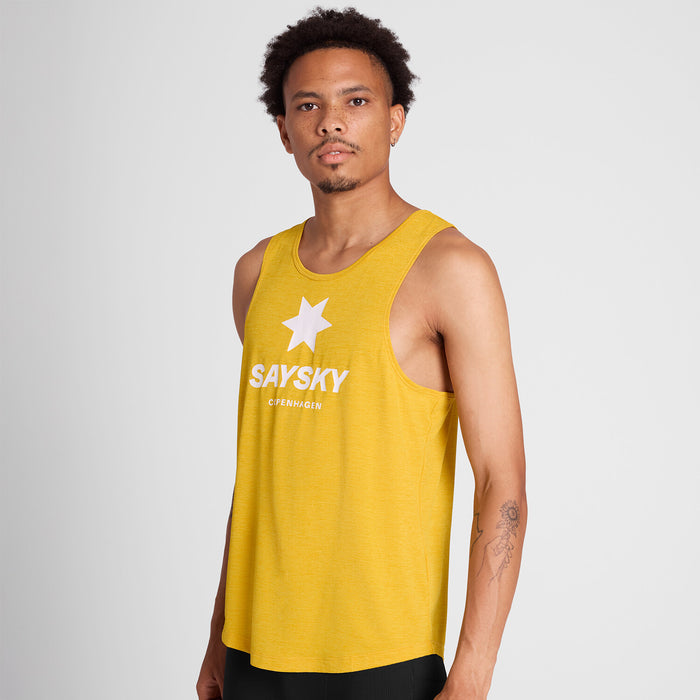 saysky logo combat pro singlet for men, lightweight moisutre wicking tank top, bright yellow colour with white logo, front of tank on male model