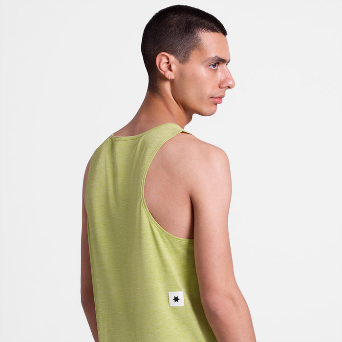 saysky logo combat pro singlet for men, lightweight moisutre wicking tank top, yellowish green colour with white logo, side and back of tank top on male model