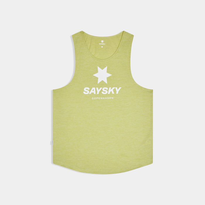 saysky logo combat pro singlet for men, lightweight moisutre wicking tank top, yellowish green colour with white logo, front of tank