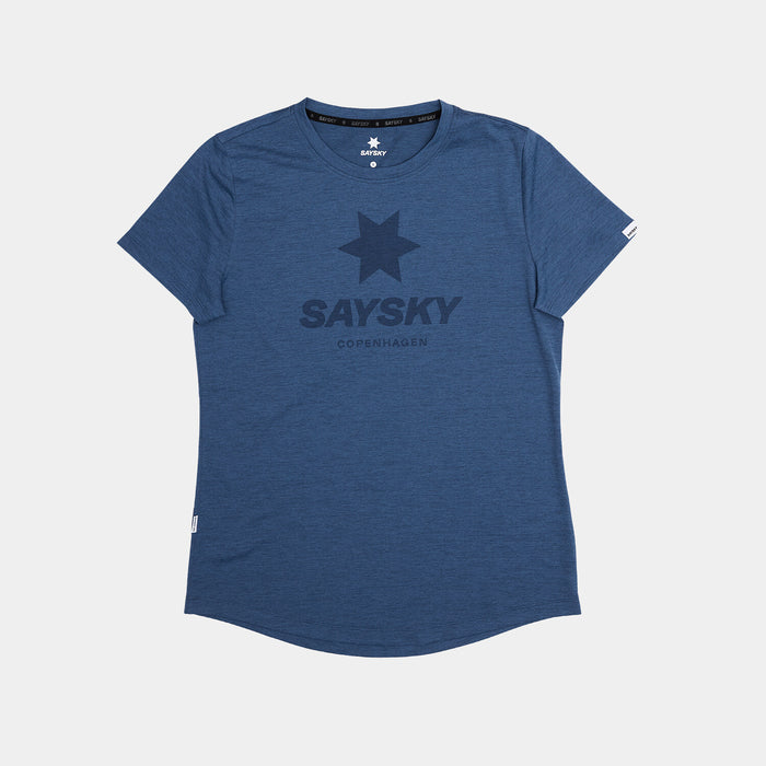 saysky logo combat pro t shirt for women, breathable moisture-wicking running t shirt, blue with blue logo, shirt laid out flat