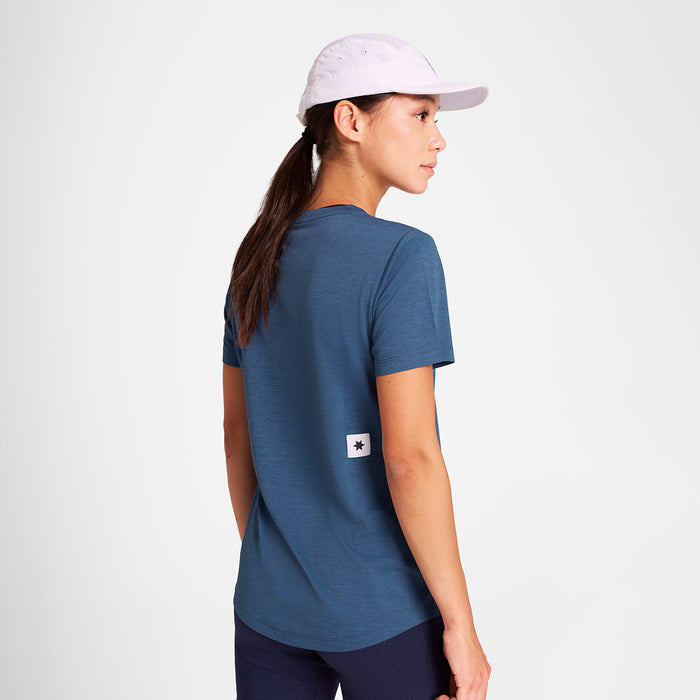 saysky logo combat pro t shirt for women, breathable moisture-wicking running t shirt, blue with blue logo, back of woman wearing shirt 