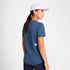 saysky logo combat pro t shirt for women, breathable moisture-wicking running t shirt, blue with blue logo, back of woman wearing shirt 