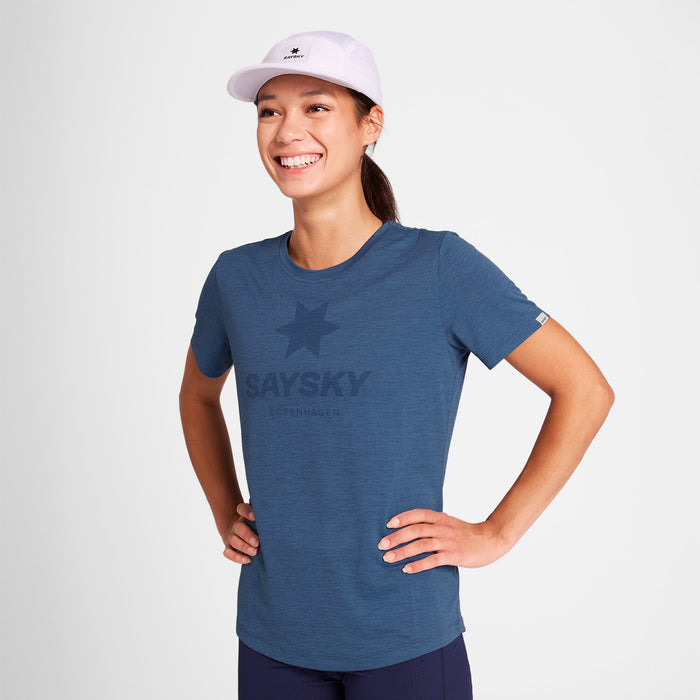 saysky logo combat pro t shirt for women, breathable moisture-wicking running t shirt, blue with blue logo, woman wearing top with white hat hands on hips