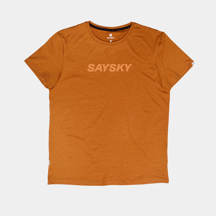 saysky  short sleeve t shirt for men, quick drying tshir, orange colour, shirt laid flat on white background