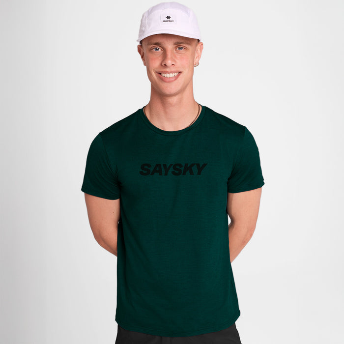 man wearing saysky logo pace tee with logo on front