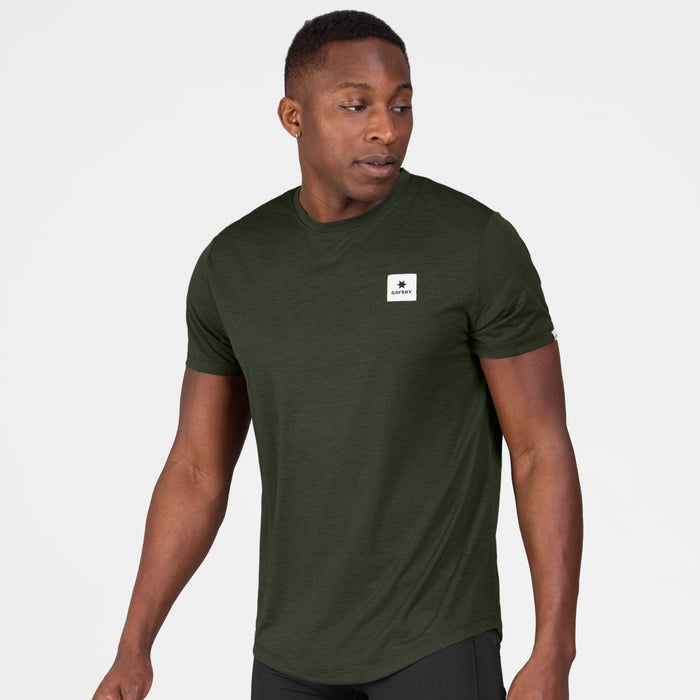 saysky mens clean combat t-shirt green, lightweight running acivewear t shirt, front view in a green colour with white saysky logo