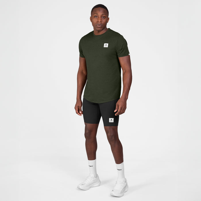 saysky mens clean combat t-shirt green, lightweight running acivewear t shirt, front view in a green colour with white saysky logo