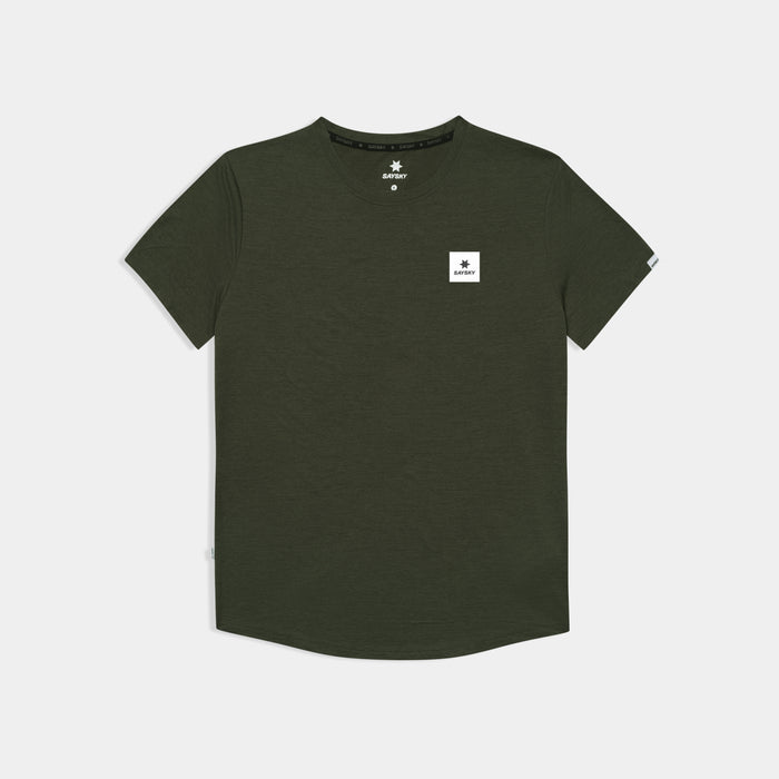 saysky mens clean combat t-shirt green, lightweight running acivewear t shirt, front view in a green colour with white saysky logo