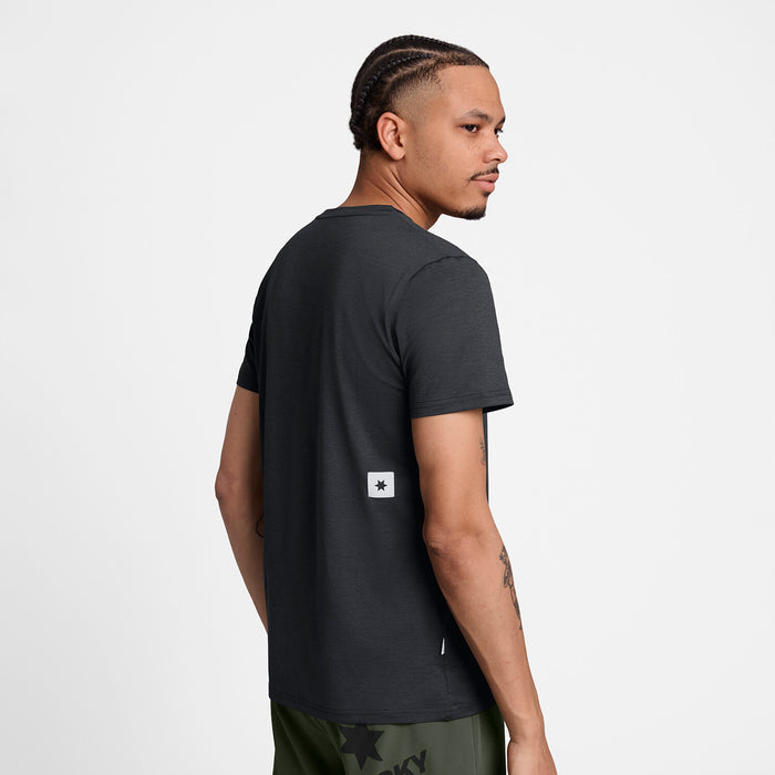 saysky clean pace t-shirt, short sleeve running t-shirt for men in black, stretchy and quick-drying tee, back profile of man wearing saysky t-shirt on a white background