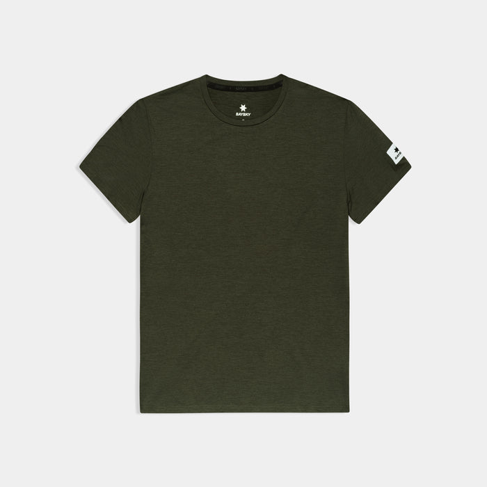 saysky clean pace t-shirt, short sleeve running t-shirt for men in dark green, stretchy and quick-drying tee, saysky t-shirt on a white background