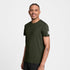 saysky clean pace t-shirt, short sleeve running t-shirt for men in dark green, stretchy and quick-drying tee, profile of man wearing saysky t-shirt on a white background