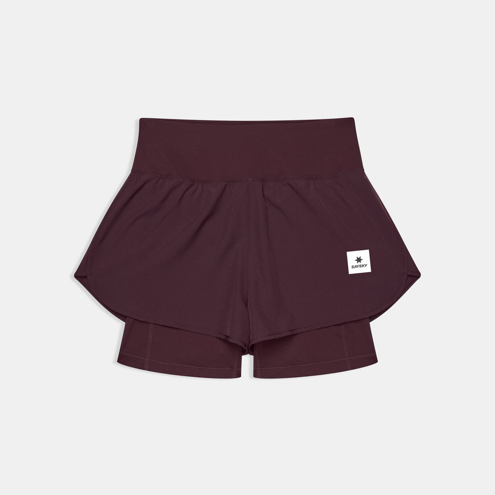 saysky pace 2 in 1 short 3 inch womens, running short with compressive short brief, wine colour shorts on white background