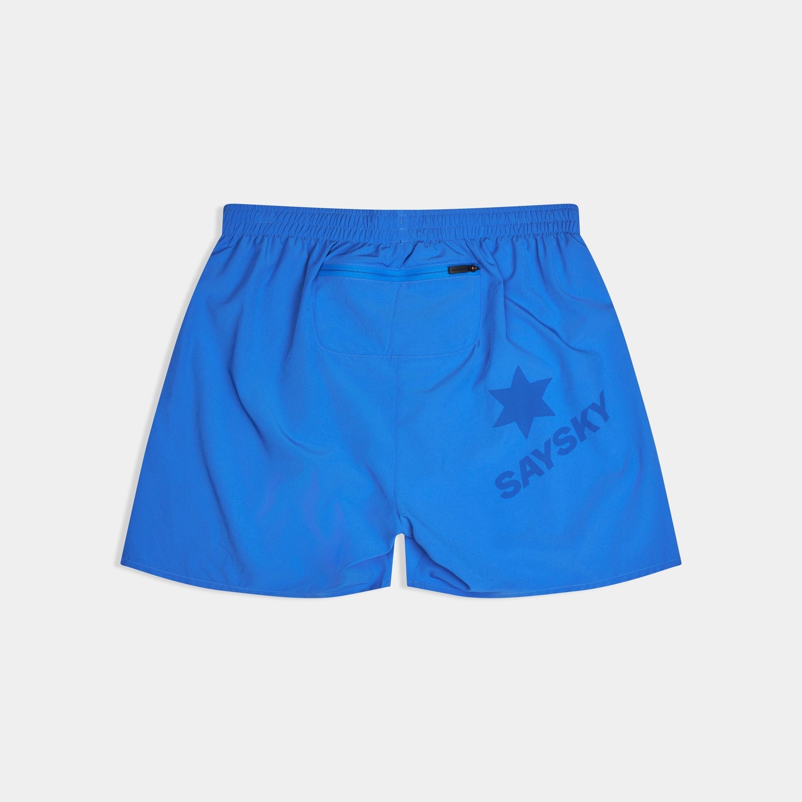 saysky pace 5 inch run shorts in blue colour with logo printed at back and zip pocket
