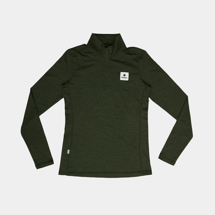 saysky 1/2 zip long sleeve for women, lightweight and breathable zip top layer for running all year, dark green colour, shirt laid out flat