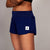 saysky pace 3 shorts for women, 3 inch running shorts with pockets and adjustable waist, navy blue, woman wearing navy blue saysky running shorts