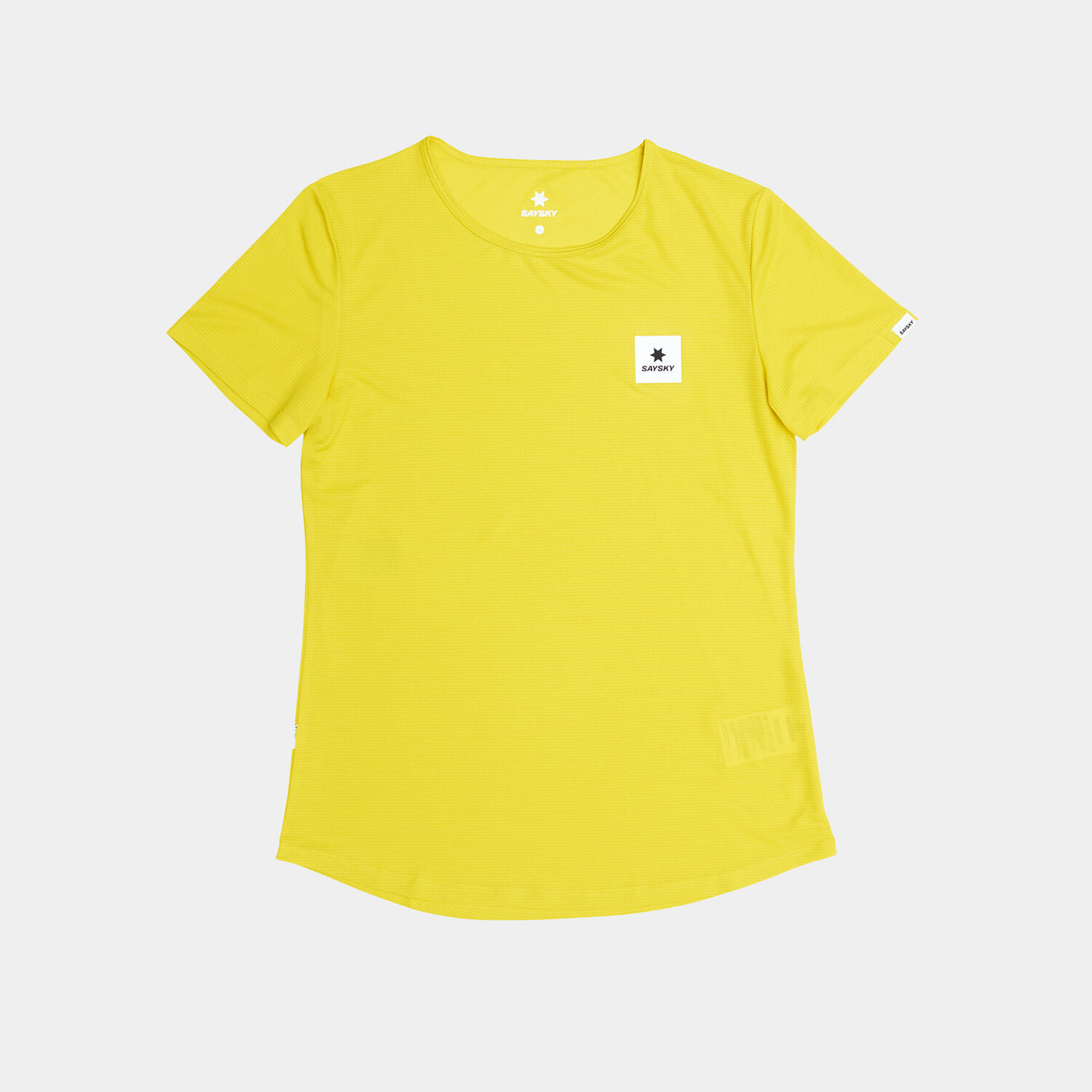 yellow saysky run tee with logo on front