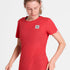woman wearing saysky run tee in red colour, with logo at front