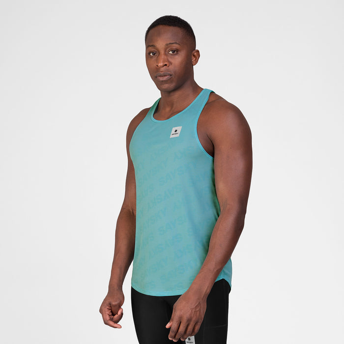 mens light blue saysky singlet with reactive fabric that shows saysky pattern when wet, man wearing tank top