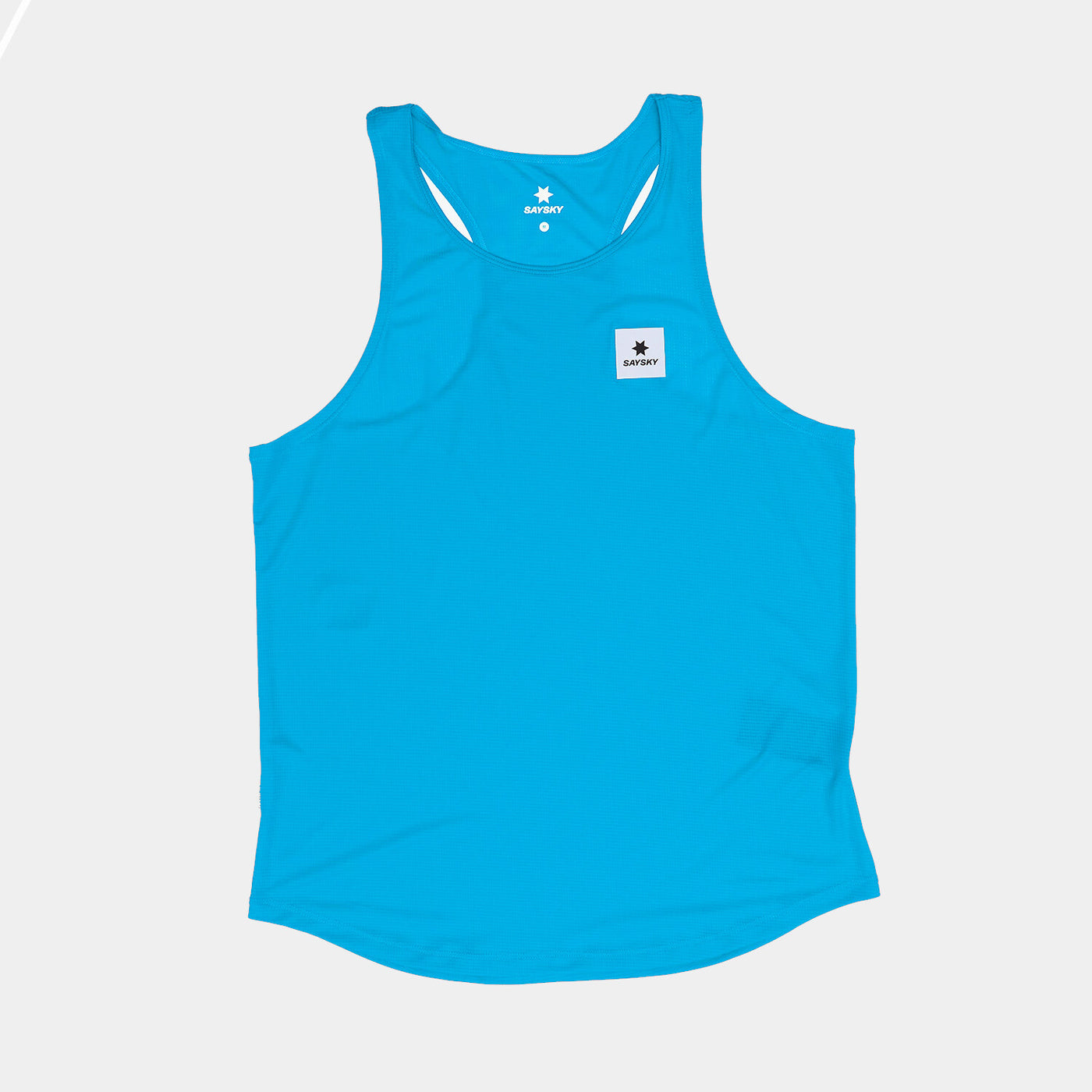 blue saysky singlet with reactive fabric that shows a flower pattern when wet