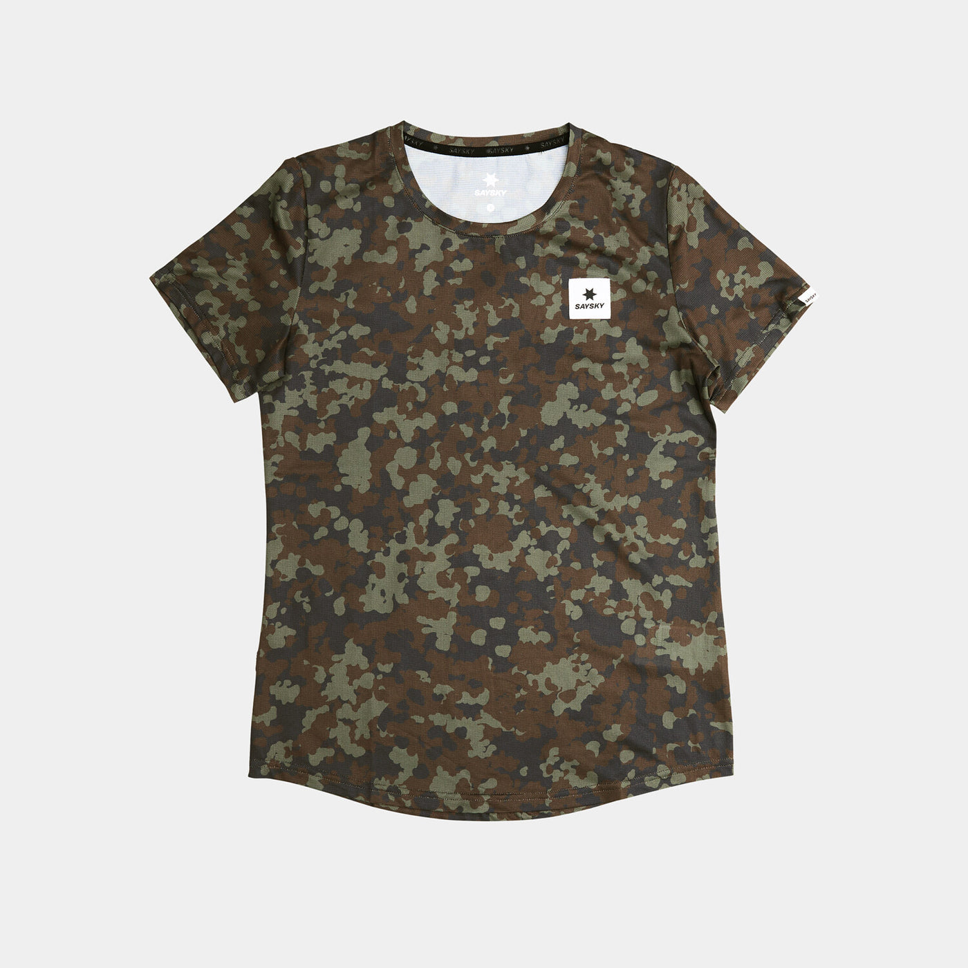 saysky lightweight running t-shirt for women, breathable and quick dry material,  brown and green camouflage colour,  saysky t-shirt on a white background
