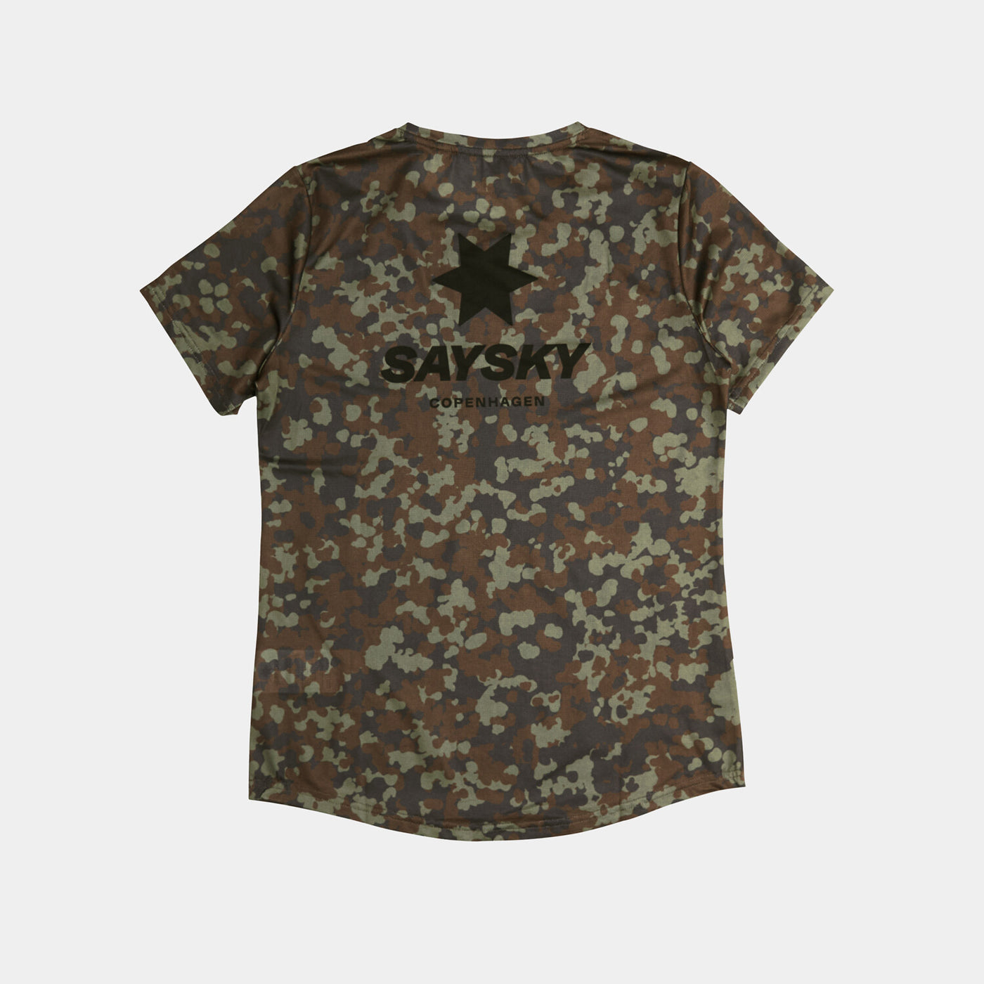 saysky lightweight running t-shirt for women, breathable and quick dry material,  brown and green camouflage colour, back profile of saysky t-shirt on a white background