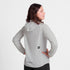 saysky womens pace flex hooded jacket sleeve, Wind-resistant, breathable jacket for running, light grey colour, back view of woman wearing saysky grey jacket