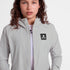 saysky womens pace flex hooded jacket sleeve, Wind-resistant, breathable jacket for running, light grey colour, woman wearing saysky grey jacket zip open