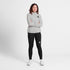 saysky womens pace flex hooded jacket sleeve, Wind-resistant, breathable jacket for running, light grey colour, full body shot of woman wearing saysky grey jacket and black leggings