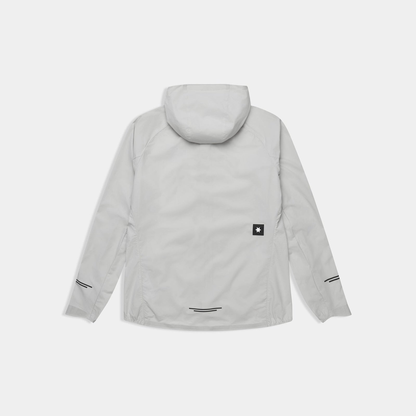 saysky womens pace flex hooded jacket sleeve, Wind-resistant, breathable jacket for running, light grey colour, back view of saysky grey jacket laying on white background