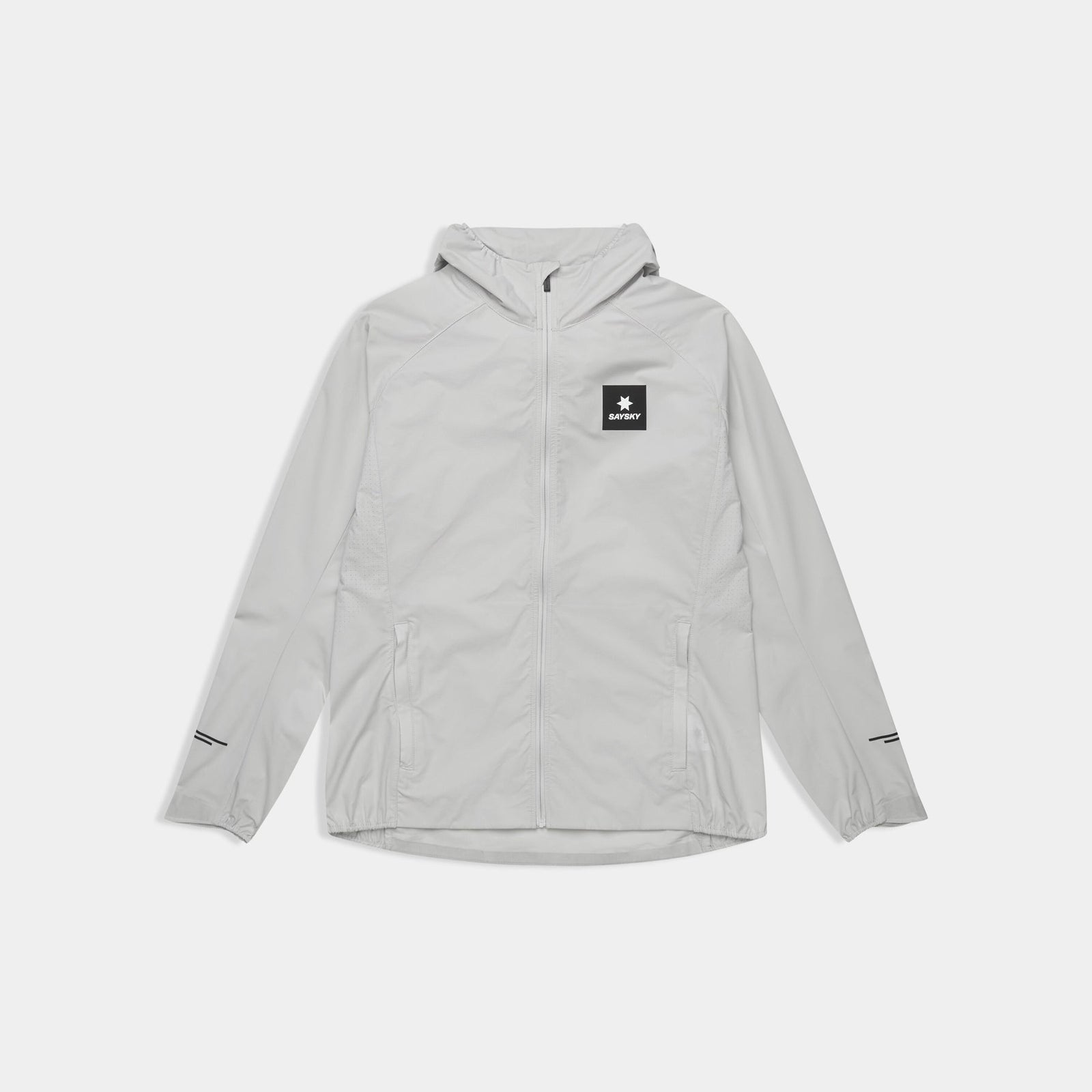 saysky womens pace flex hooded jacket sleeve, Wind-resistant, breathable jacket for running, light grey colour, top laying out flat on white background 