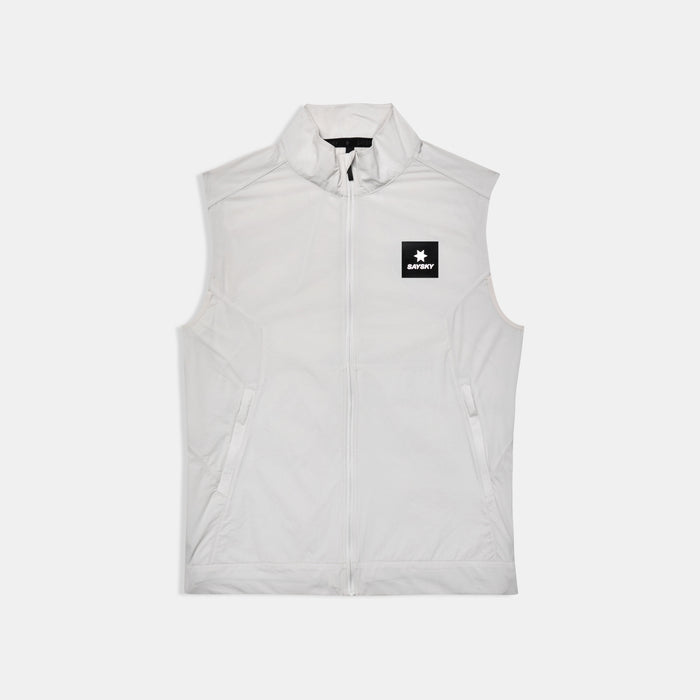 SAYSKY womens clean pace flex vest, lightweight, windproof zip-up running vest for women, grey colour with black SAYSKY logo, profile of vest  on a white background